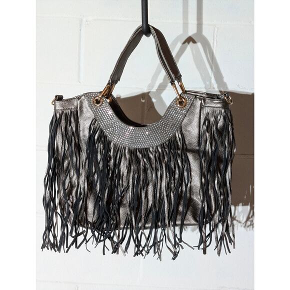 Unbranded Handbags - Metallic Silver Fringe Rhinestone Detail Shoulder Bag Hobo Purse Glam